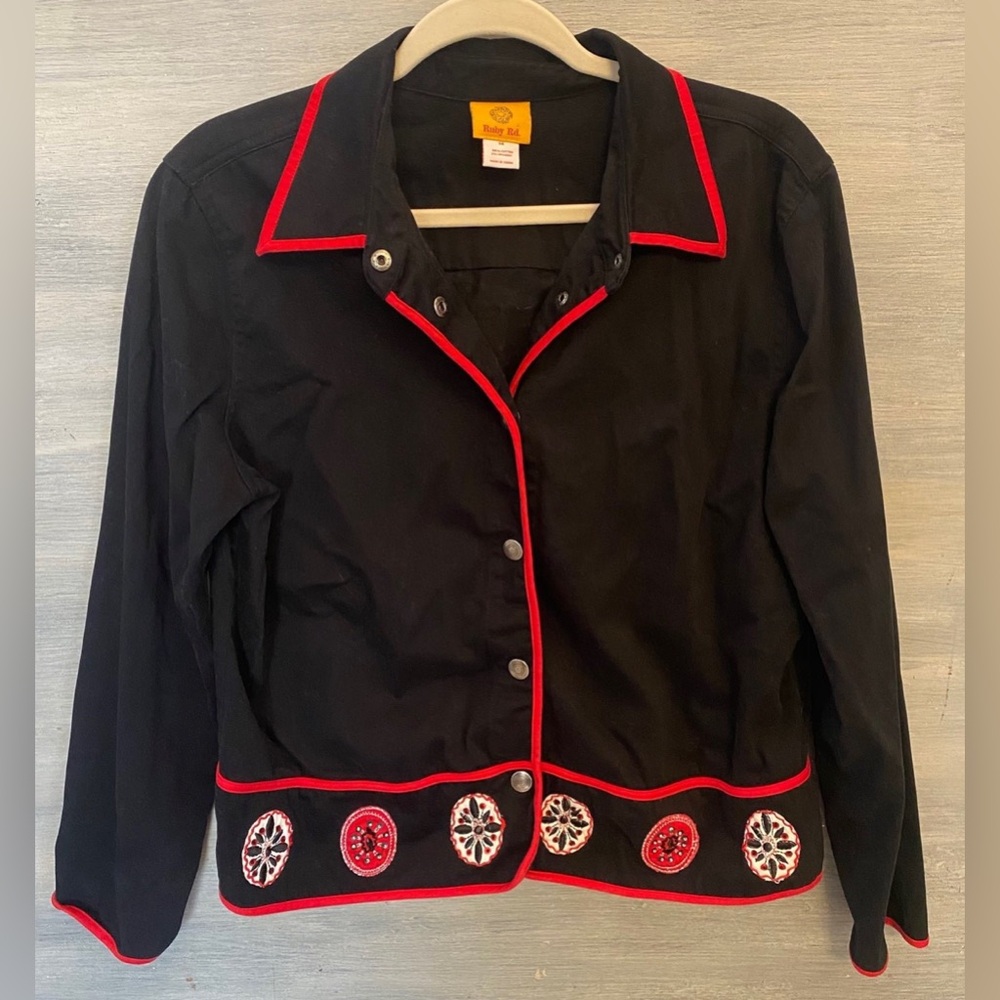 Ruby Rd.‎ Size 14 Jacket Black Red Trim Embroidered Beaded Good Condition